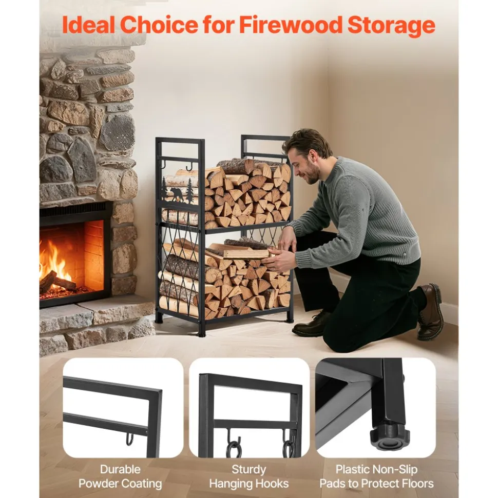 VEVOR Indoor Firewood Rack, 1.3 ft 2-Tier Firewood Holder with Fireplace Tools, Brush, Shovel, Poker, Tongs, Heavy Duty Log Wood Rack, 400 lbs Weight Capacity, Wood Pile Storage Stacker for Fire Pit