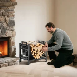 VEVOR Indoor Firewood Rack, 1.5 ft Curved Log Holder with Canvas Carrier, 40lb Weight Capacity Wood Storage Stand, Powder-Coated Steel Firewood Holder, Heavy Duty Wood Pile Stacker Rack for Fireplace