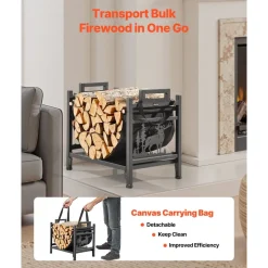 VEVOR Indoor Firewood Rack, 1.5 ft Curved Log Holder with Canvas Carrier, 40lb Weight Capacity Wood Storage Stand, Powder-Coated Steel Firewood Holder, Heavy Duty Wood Pile Stacker Rack for Fireplace