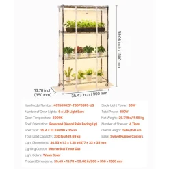 VEVOR Indoor Greenhouse with Grow Light, 59 in Tall 4-Tier Plant Stand with Clear Cover, Timer & Hygrometer, 180W Full Spectrum Grow Lights, Metal Lighted Plants Shelf Holder for Indoor Plants