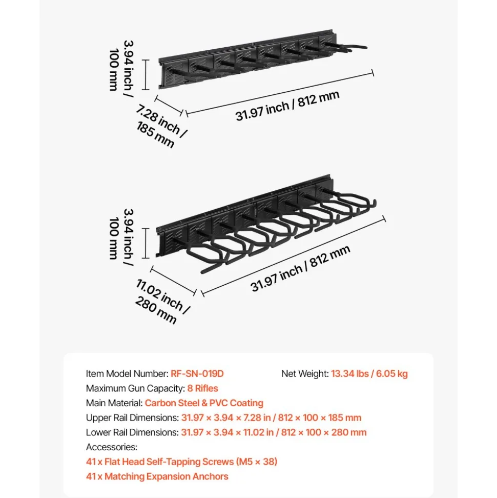VEVOR Indoor Gun Rack, Heavy Duty Steel, Wall Mount Rifle and Shotgun Rack, 8 Slots for Long Guns, Gun Display Rifle Storage Holder with Screws, for Home Garage Office Retail Shop Hunting Cabin Wall