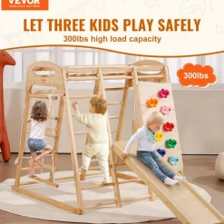 VEVOR Indoor Jungle Gym, 7-in-1 Toddler Indoor Playground, Wooden Toddler Climbing Toys Indoor with Wood & Rope Ladder, Net Ladder, Swing, Monkey Bar, Slide, Climbing Wall, 43 x 47.2 x 47in