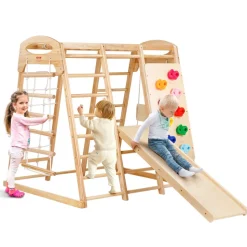VEVOR Indoor Jungle Gym, 7-in-1 Toddler Indoor Playground, Wooden Toddler Climbing Toys Indoor with Wood & Rope Ladder, Net Ladder, Swing, Monkey Bar, Slide, Climbing Wall, 43 x 47.2 x 47in