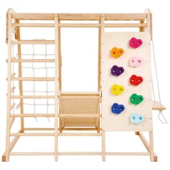VEVOR Indoor Jungle Gym, 7-in-1 Toddler Indoor Playground, Wooden Toddler Climbing Toys Indoor with Wood & Rope Ladder, Net Ladder, Swing, Monkey Bar, Slide, Climbing Wall, 43 x 47.2 x 47in