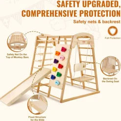 VEVOR Indoor Jungle Gym, 7-in-1 Toddler Indoor Playground, Wooden Toddler Climbing Toys Indoor with Wood & Rope Ladder, Net Ladder, Swing, Monkey Bar, Slide, Climbing Wall, 43 x 47.2 x 47in