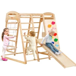 VEVOR Indoor Jungle Gym, 7-in-1 Toddler Indoor Playground, 43 x 47.2 x 47 inch, with Wood and Rope Ladder, Net Ladder, Swing, Monkey Bar, Slide, Climbing Wall, Wooden Indoor Climbing Toys for Kids