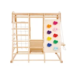 VEVOR Indoor Jungle Gym, 7-in-1 Toddler Indoor Playground, 43 x 47.2 x 47 inch, with Wood and Rope Ladder, Net Ladder, Swing, Monkey Bar, Slide, Climbing Wall, Wooden Indoor Climbing Toys for Kids