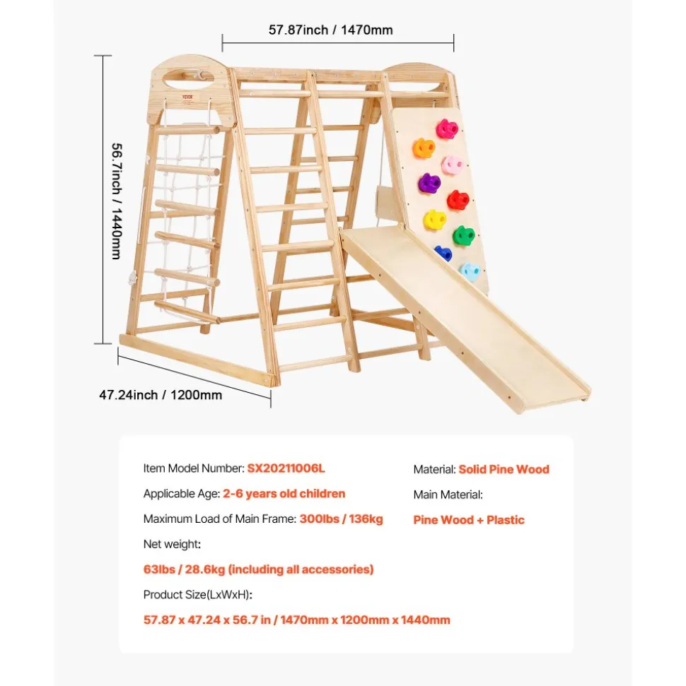 VEVOR Indoor Jungle Gym, 7-in-1 Toddler Indoor Playground, 47.2 x 58 x 56 inch, with Wood and Rope Ladder, Net Ladder, Swing, Monkey Bar, Slide, Climbing Wall, Wooden Indoor Climbing Toys for Kids