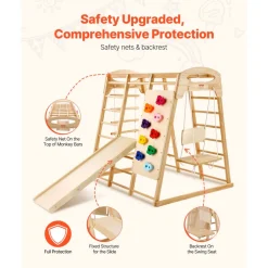 VEVOR Indoor Jungle Gym, 7-in-1 Toddler Indoor Playground, 47.2 x 58 x 56 inch, with Wood and Rope Ladder, Net Ladder, Swing, Monkey Bar, Slide, Climbing Wall, Wooden Indoor Climbing Toys for Kids