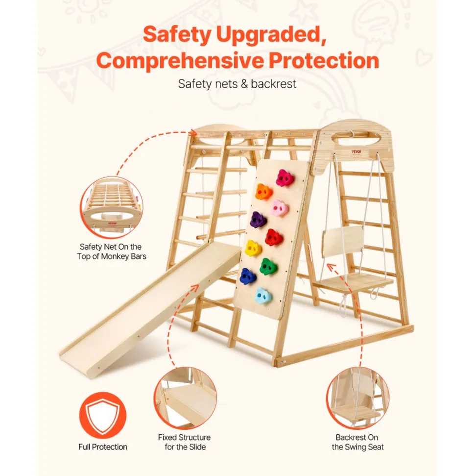 VEVOR Indoor Jungle Gym, 7-in-1 Toddler Indoor Playground, 47.2 x 58 x 56 inch, with Wood and Rope Ladder, Net Ladder, Swing, Monkey Bar, Slide, Climbing Wall, Wooden Indoor Climbing Toys for Kids