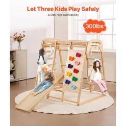 VEVOR Indoor Jungle Gym, 7-in-1 Toddler Indoor Playground, 47.2 x 58 x 56 inch, with Wood and Rope Ladder, Net Ladder, Swing, Monkey Bar, Slide, Climbing Wall, Wooden Indoor Climbing Toys for Kids