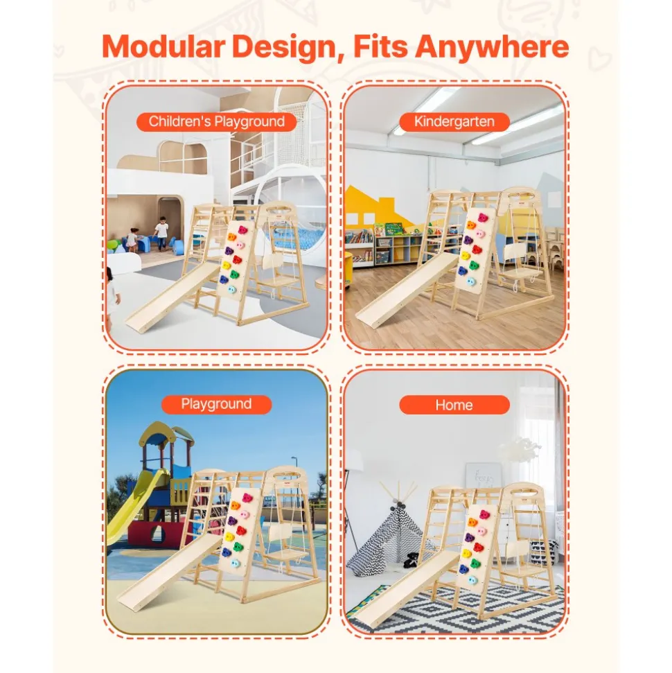 VEVOR Indoor Jungle Gym, 7-in-1 Toddler Indoor Playground, 47.2 x 58 x 56 inch, with Wood and Rope Ladder, Net Ladder, Swing, Monkey Bar, Slide, Climbing Wall, Wooden Indoor Climbing Toys for Kids