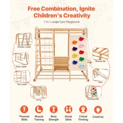 VEVOR Indoor Jungle Gym, 7-in-1 Toddler Indoor Playground, 47.2 x 58 x 56 inch, with Wood and Rope Ladder, Net Ladder, Swing, Monkey Bar, Slide, Climbing Wall, Wooden Indoor Climbing Toys for Kids