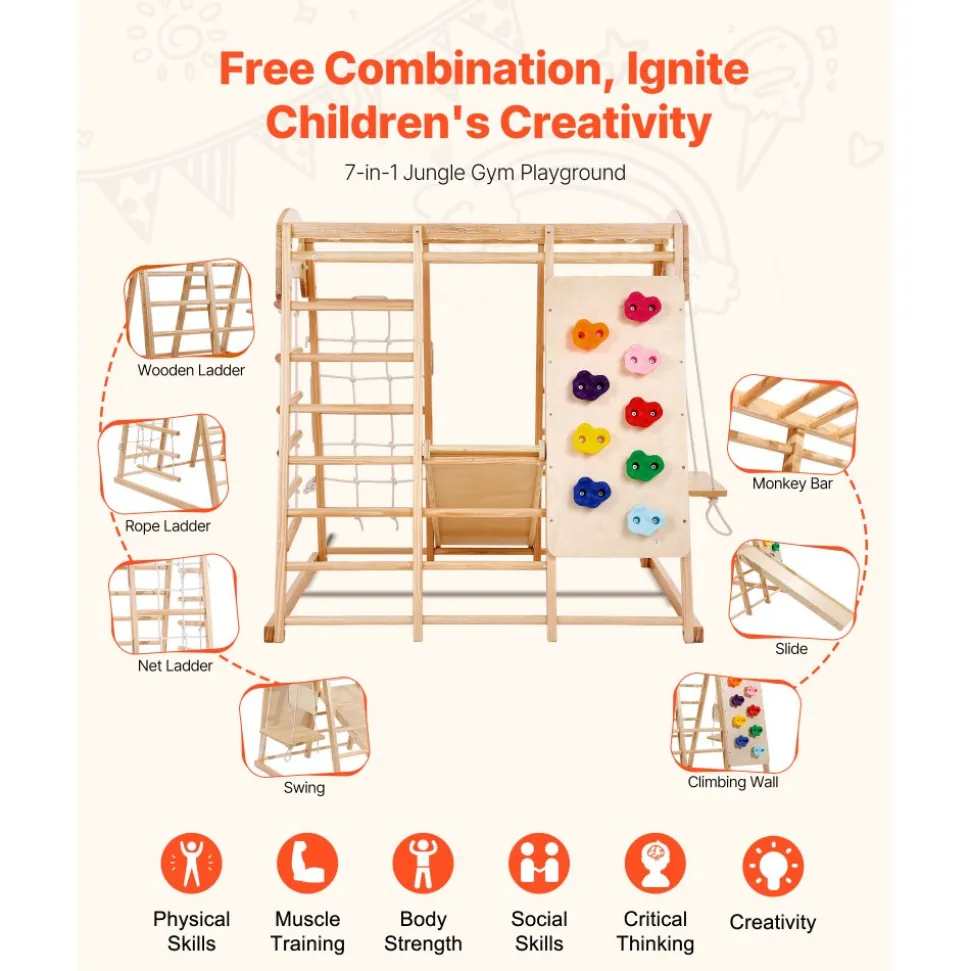 VEVOR Indoor Jungle Gym, 7-in-1 Toddler Indoor Playground, 47.2 x 58 x 56 inch, with Wood and Rope Ladder, Net Ladder, Swing, Monkey Bar, Slide, Climbing Wall, Wooden Indoor Climbing Toys for Kids