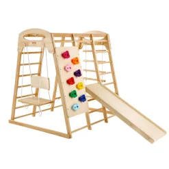 VEVOR Indoor Jungle Gym, 7-in-1 Toddler Indoor Playground, 47.2 x 58 x 56 inch, with Wood and Rope Ladder, Net Ladder, Swing, Monkey Bar, Slide, Climbing Wall, Wooden Indoor Climbing Toys for Kids