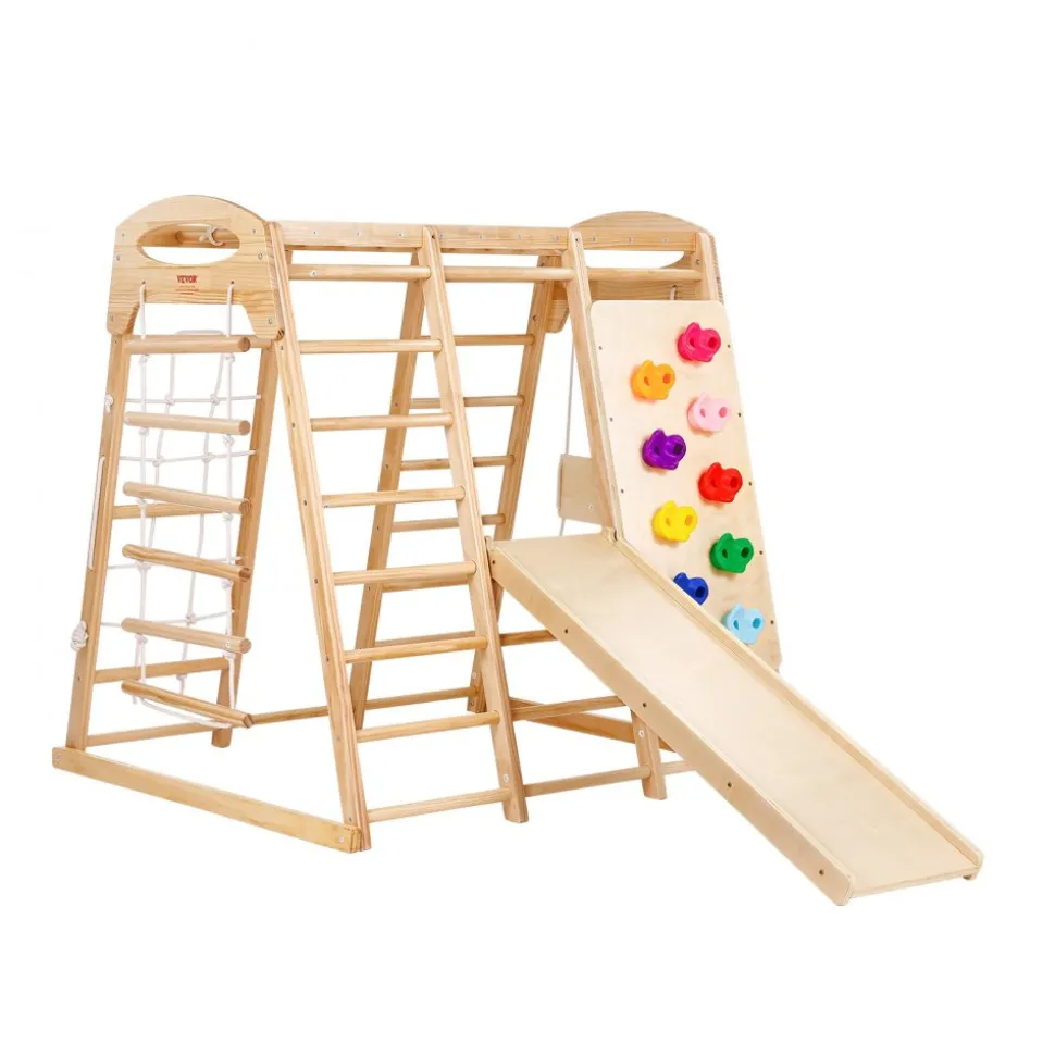 VEVOR Indoor Jungle Gym, 7-in-1 Toddler Indoor Playground, 47.2 x 58 x 56 inch, with Wood and Rope Ladder, Net Ladder, Swing, Monkey Bar, Slide, Climbing Wall, Wooden Indoor Climbing Toys for Kids