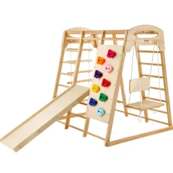 VEVOR Indoor Jungle Gym, 7-in-1 Toddler Indoor Playground, Wooden Toddler Climbing Toys Indoor with Wood & Rope Ladder, Net Ladder, Swing, Monkey Bar, Slide, Climbing Wall, 47.2 x 58 x 56in