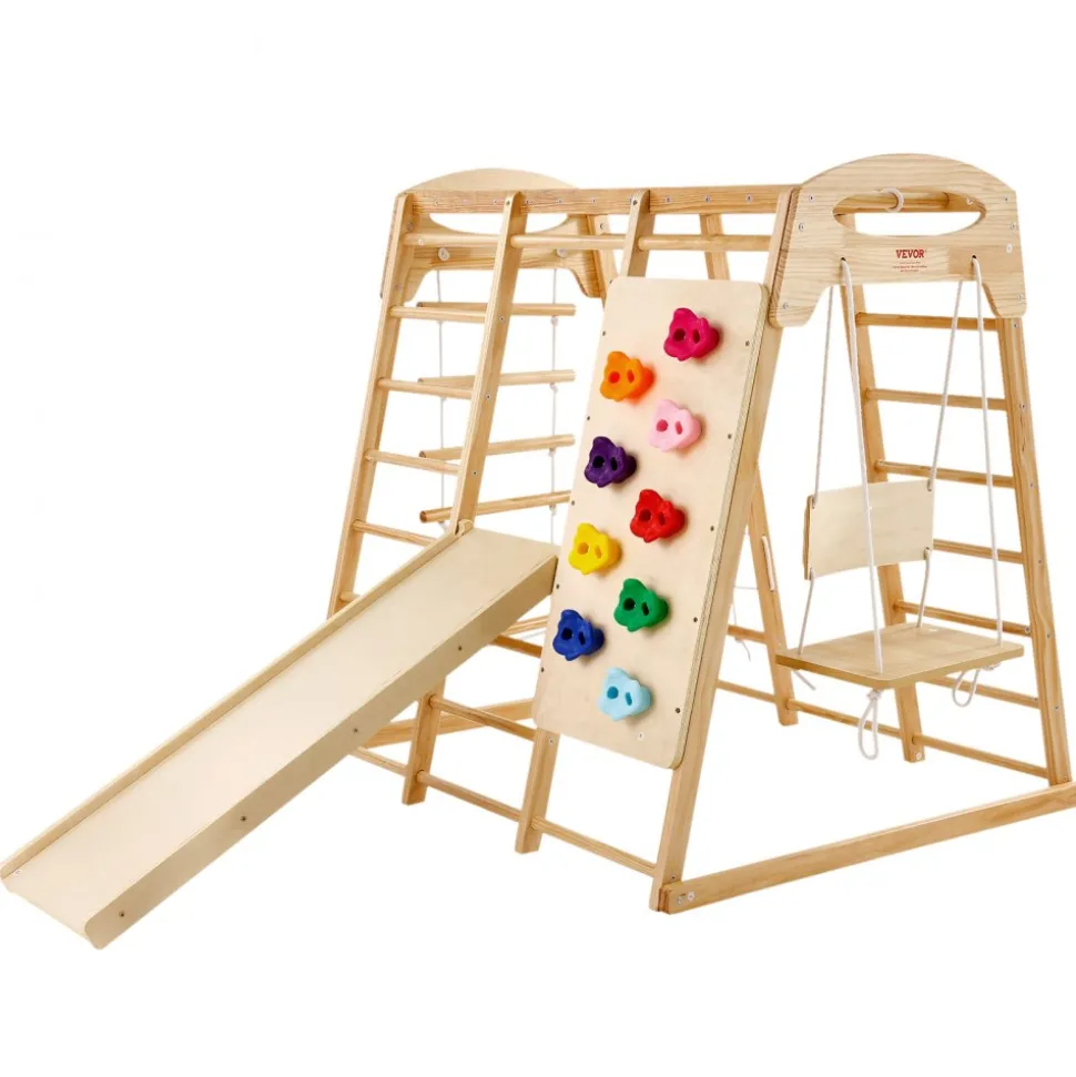 VEVOR Indoor Jungle Gym, 7-in-1 Toddler Indoor Playground, Wooden Toddler Climbing Toys Indoor with Wood & Rope Ladder, Net Ladder, Swing, Monkey Bar, Slide, Climbing Wall, 47.2 x 58 x 56in