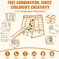 VEVOR Indoor Jungle Gym, 7-in-1 Toddler Indoor Playground, Wooden Toddler Climbing Toys Indoor with Wood & Rope Ladder, Net Ladder, Swing, Monkey Bar, Slide, Climbing Wall, 47.2 x 58 x 56in