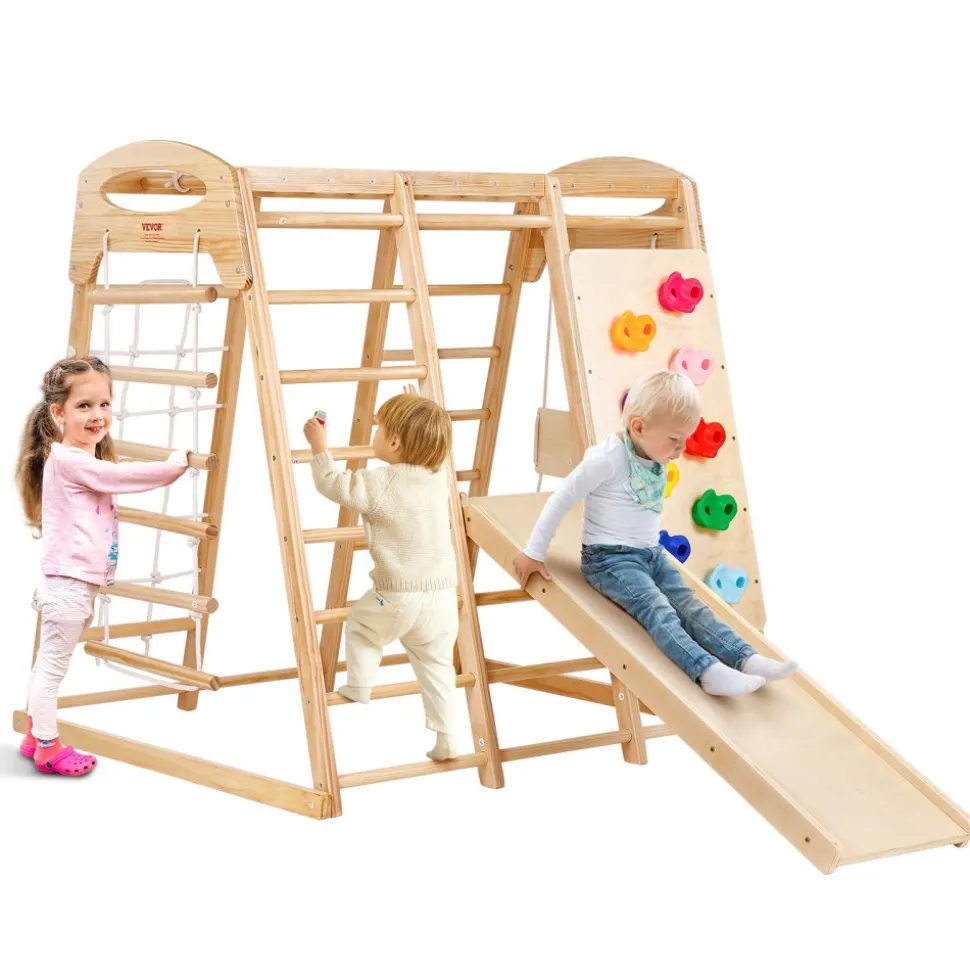 VEVOR Indoor Jungle Gym, 7-in-1 Toddler Indoor Playground, Wooden Toddler Climbing Toys Indoor with Wood & Rope Ladder, Net Ladder, Swing, Monkey Bar, Slide, Climbing Wall, 47.2 x 58 x 56in