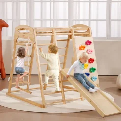 VEVOR Indoor Jungle Gym, 7-in-1 Toddler Indoor Playground, Wooden Toddler Climbing Toys Indoor with Wood & Rope Ladder, Net Ladder, Swing, Monkey Bar, Slide, Climbing Wall, 47.2 x 58 x 56in