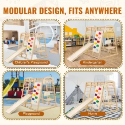 VEVOR Indoor Jungle Gym, 7-in-1 Toddler Indoor Playground, Wooden Toddler Climbing Toys Indoor with Wood & Rope Ladder, Net Ladder, Swing, Monkey Bar, Slide, Climbing Wall, 47.2 x 58 x 56in