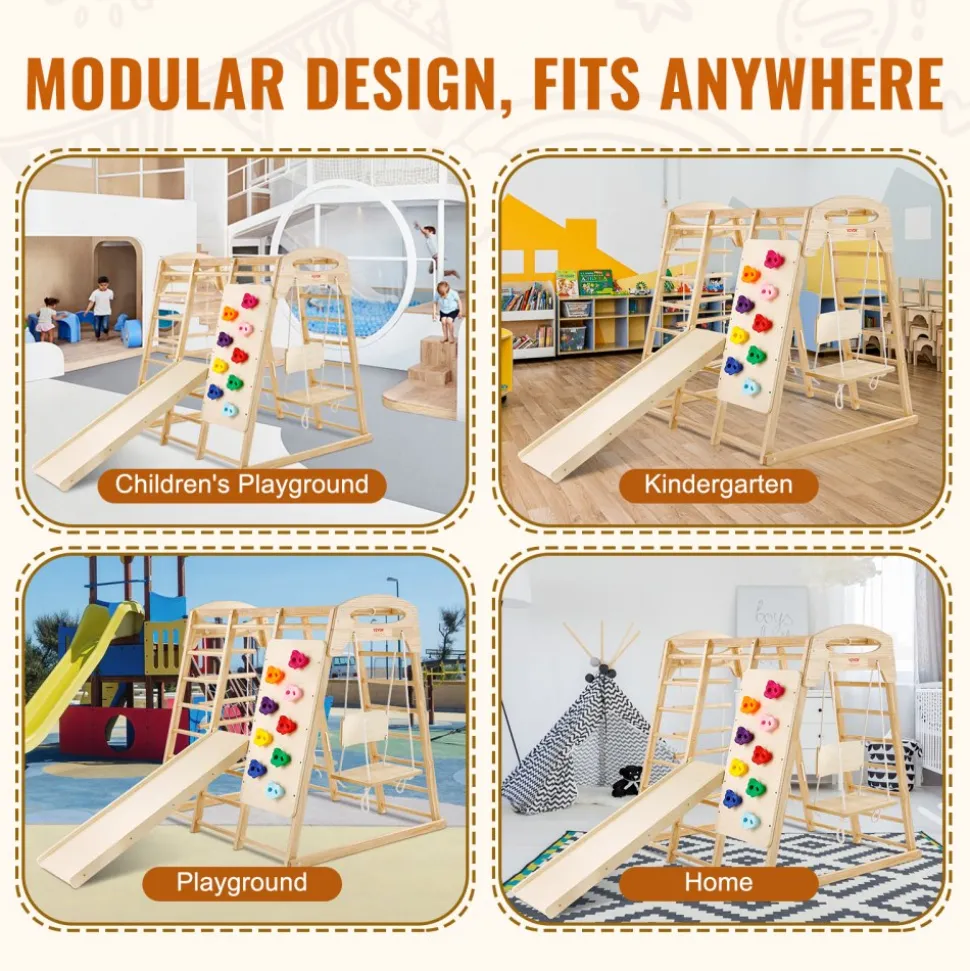 VEVOR Indoor Jungle Gym, 7-in-1 Toddler Indoor Playground, Wooden Toddler Climbing Toys Indoor with Wood & Rope Ladder, Net Ladder, Swing, Monkey Bar, Slide, Climbing Wall, 47.2 x 58 x 56in