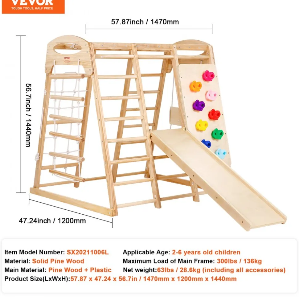 VEVOR Indoor Jungle Gym, 7-in-1 Toddler Indoor Playground, Wooden Toddler Climbing Toys Indoor with Wood & Rope Ladder, Net Ladder, Swing, Monkey Bar, Slide, Climbing Wall, 47.2 x 58 x 56in