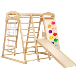 VEVOR Indoor Jungle Gym, 7-in-1 Toddler Indoor Playground, Wooden Toddler Climbing Toys Indoor with Wood & Rope Ladder, Net Ladder, Swing, Monkey Bar, Slide, Climbing Wall, 47.2 x 58 x 56in