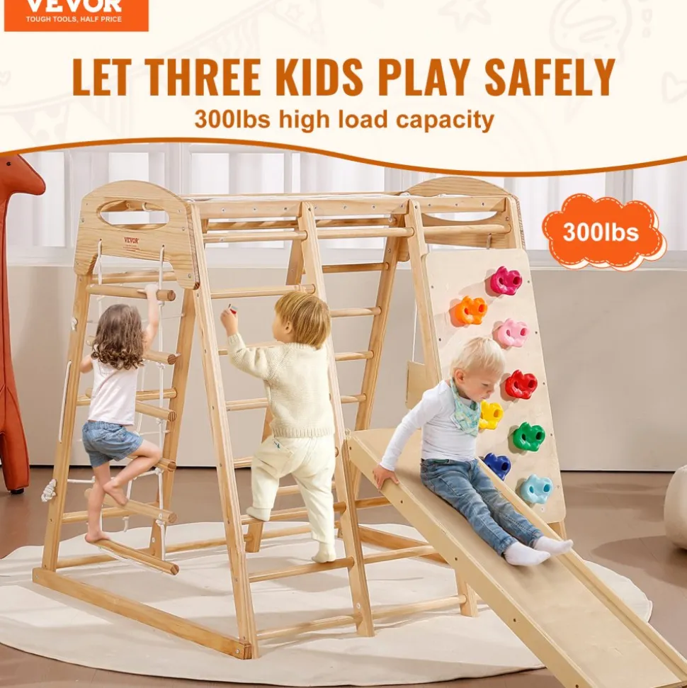 VEVOR Indoor Jungle Gym, 7-in-1 Toddler Indoor Playground, Wooden Toddler Climbing Toys Indoor with Wood & Rope Ladder, Net Ladder, Swing, Monkey Bar, Slide, Climbing Wall, 47.2 x 58 x 56in