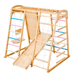 VEVOR Indoor Playground Jungle Gym, 9-in-1 Montessori Climbing Toys for Toddlers, 250LBS Wooden Indoor Playground Playset with Monkey Bar, Swings, Slide, Rope / Wooden Ladder, Climbing Net, Bar & Rock