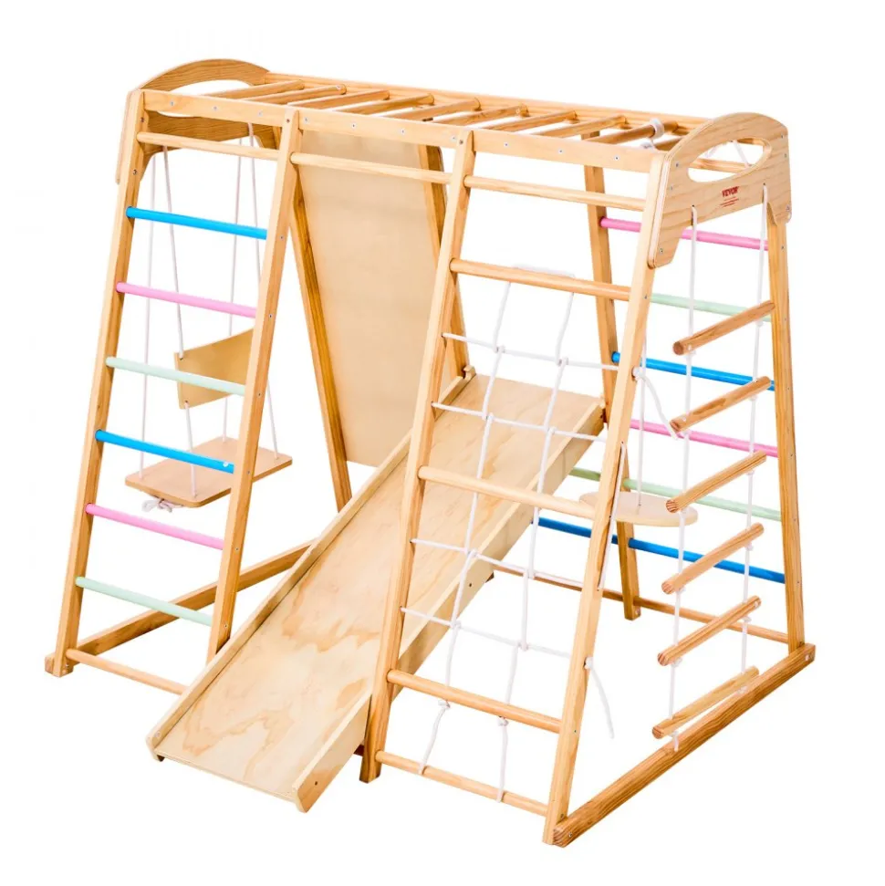 VEVOR Indoor Playground Jungle Gym, 9-in-1 Montessori Climbing Toys for Toddlers, 250LBS Wooden Indoor Playground Playset with Monkey Bar, Swings, Slide, Rope / Wooden Ladder, Climbing Net, Bar & Rock
