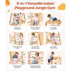 VEVOR Indoor Playground Jungle Gym, 9-in-1 Montessori Climbing Toys for Toddlers, 250LBS Wooden Indoor Playground Playset with Monkey Bar, Swings, Slide, Rope / Wooden Ladder, Climbing Net, Bar & Rock
