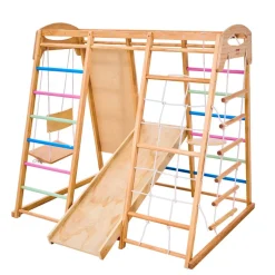VEVOR Indoor Playground Jungle Gym, 9-in-1 Montessori Climbing Toys for Toddlers, 250LBS Wooden Indoor Playground Playset with Monkey Bar, Swings, Slide, Rope / Wooden Ladder, Climbing Net, Bar & Rock
