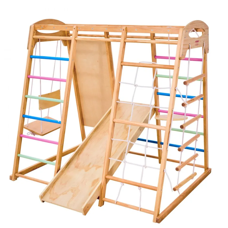 VEVOR Indoor Playground Jungle Gym, 9-in-1 Montessori Climbing Toys for Toddlers, 250LBS Wooden Indoor Playground Playset with Monkey Bar, Swings, Slide, Rope / Wooden Ladder, Climbing Net, Bar & Rock