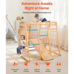 VEVOR Indoor Playground Jungle Gym, 9-in-1 Montessori Climbing Toys for Toddlers, 250LBS Wooden Indoor Playground Playset with Monkey Bar, Swings, Slide, Rope / Wooden Ladder, Climbing Net, Bar & Rock