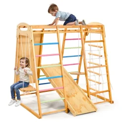 VEVOR Indoor Playground Jungle Gym, 9-in-1 Montessori Climbing Toys for Toddlers, 250LBS Wooden Indoor Playground Playset with Monkey Bar, Swings, Slide, Rope / Wooden Ladder, Climbing Net, Bar & Rock