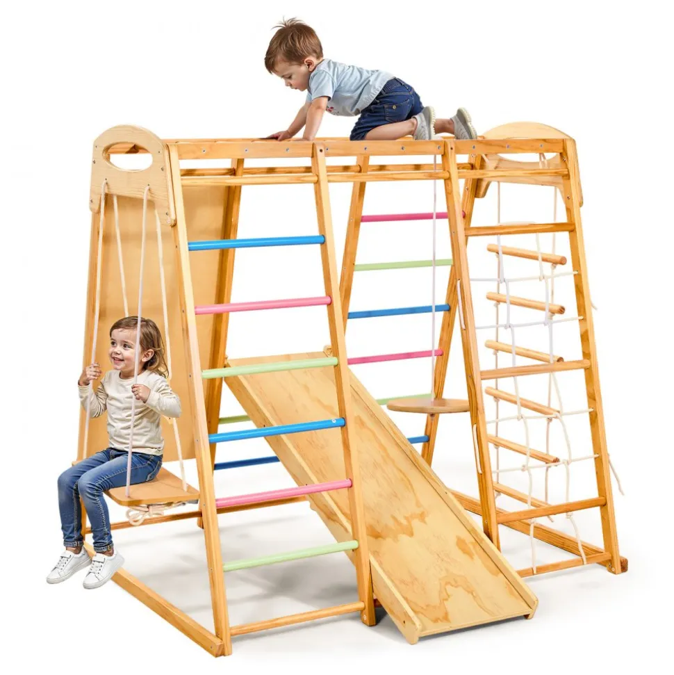 VEVOR Indoor Playground Jungle Gym, 9-in-1 Montessori Climbing Toys for Toddlers, 250LBS Wooden Indoor Playground Playset with Monkey Bar, Swings, Slide, Rope / Wooden Ladder, Climbing Net, Bar & Rock
