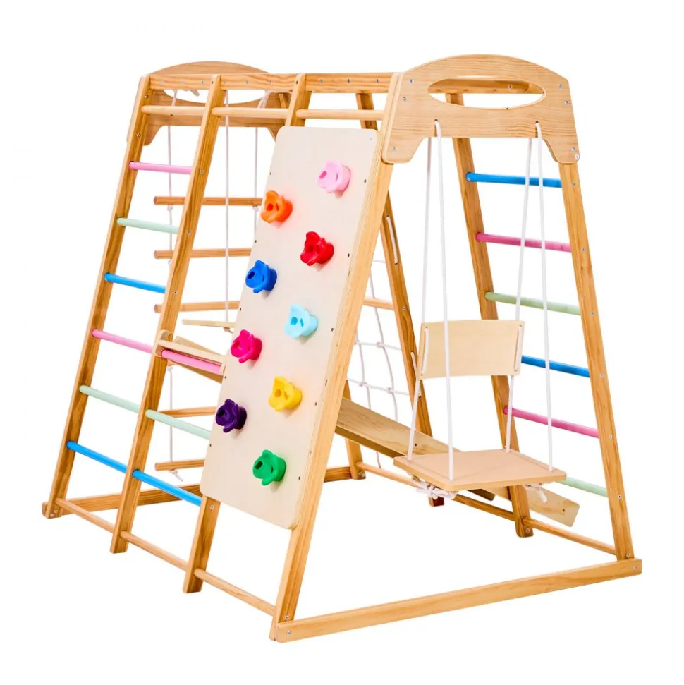 VEVOR Indoor Playground Jungle Gym, 9-in-1 Montessori Climbing Toys for Toddlers, 250LBS Wooden Indoor Playground Playset with Monkey Bar, Swings, Slide, Rope / Wooden Ladder, Climbing Net, Bar & Rock