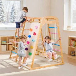 VEVOR Indoor Playground Jungle Gym, 9-in-1 Montessori Climbing Toys for Toddlers, 250LBS Wooden Indoor Playground Playset with Monkey Bar, Swings, Slide, Rope / Wooden Ladder, Climbing Net, Bar & Rock