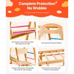 VEVOR Indoor Playground Jungle Gym, 9-in-1 Montessori Climbing Toys for Toddlers, 250LBS Wooden Indoor Playground Playset with Monkey Bar, Swings, Slide, Rope / Wooden Ladder, Climbing Net, Bar & Rock