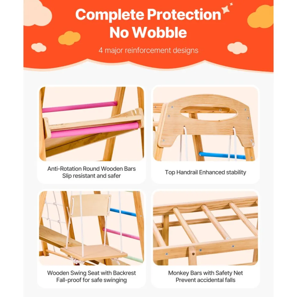 VEVOR Indoor Playground Jungle Gym, 9-in-1 Montessori Climbing Toys for Toddlers, 250LBS Wooden Indoor Playground Playset with Monkey Bar, Swings, Slide, Rope / Wooden Ladder, Climbing Net, Bar & Rock