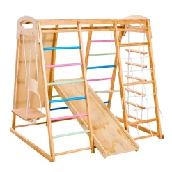 VEVOR Indoor Playground Jungle Gym, 9-in-1 Montessori Climbing Toys for Toddlers, 250LBS Wooden Indoor Playground Playset with Monkey Bar, Swings, Slide, Rope / Wooden Ladder, Climbing Net, Bar & Rock