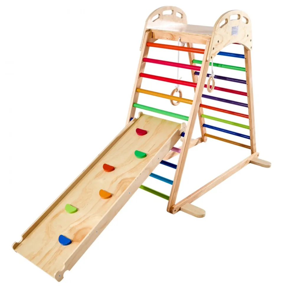 VEVOR Indoor Playground Jungle Gym, 4-in-1 Wooden Indoor Playground Climbing Toys for Kids, Montessori Toddlers Climber Playset with Climbing Rock, Slide, Wooden Ladder & Gym Rings, 220LBS Loading