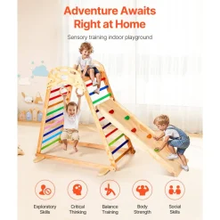 VEVOR Indoor Playground Jungle Gym, 4-in-1 Wooden Indoor Playground Climbing Toys for Kids, Montessori Toddlers Climber Playset with Climbing Rock, Slide, Wooden Ladder & Gym Rings, 220LBS Loading