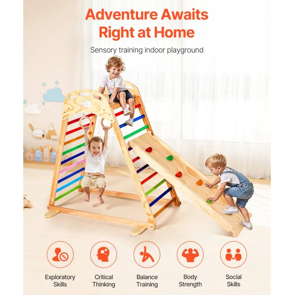 VEVOR Indoor Playground Jungle Gym, 4-in-1 Wooden Indoor Playground Climbing Toys for Kids, Montessori Toddlers Climber Playset with Climbing Rock, Slide, Wooden Ladder & Gym Rings, 220LBS Loading
