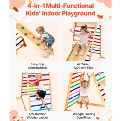 VEVOR Indoor Playground Jungle Gym, 4-in-1 Wooden Indoor Playground Climbing Toys for Kids, Montessori Toddlers Climber Playset with Climbing Rock, Slide, Wooden Ladder & Gym Rings, 220LBS Loading
