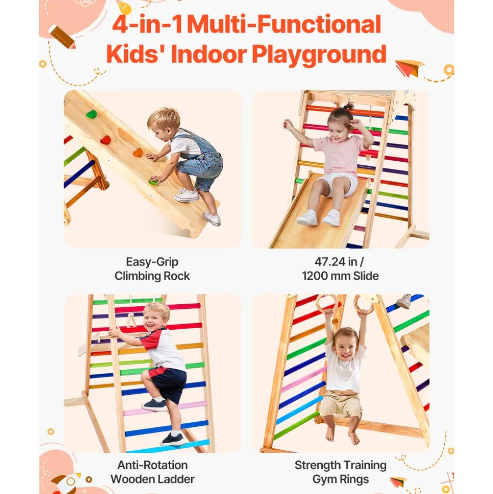 VEVOR Indoor Playground Jungle Gym, 4-in-1 Wooden Indoor Playground Climbing Toys for Kids, Montessori Toddlers Climber Playset with Climbing Rock, Slide, Wooden Ladder & Gym Rings, 220LBS Loading