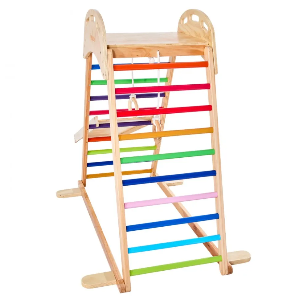 VEVOR Indoor Playground Jungle Gym, 4-in-1 Wooden Indoor Playground Climbing Toys for Kids, Montessori Toddlers Climber Playset with Climbing Rock, Slide, Wooden Ladder & Gym Rings, 220LBS Loading