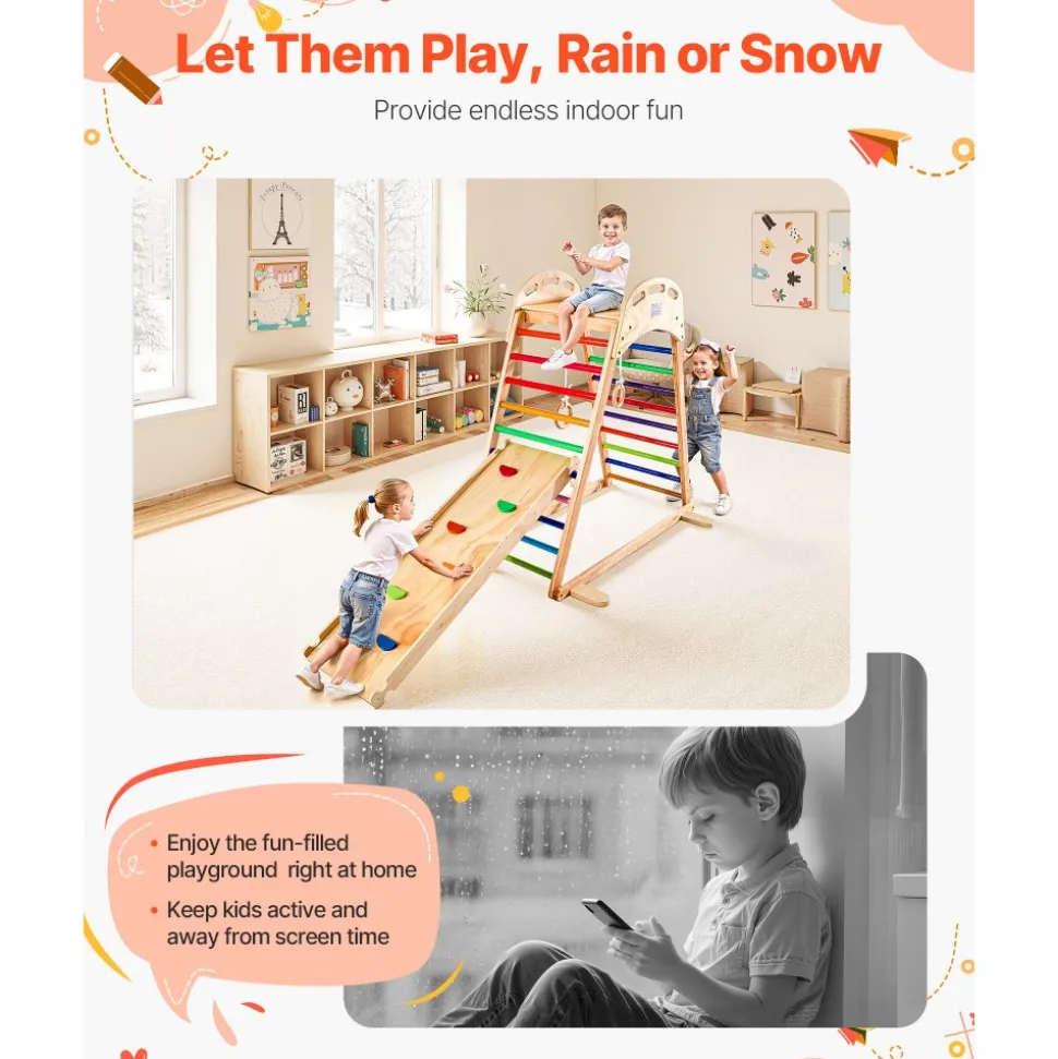 VEVOR Indoor Playground Jungle Gym, 4-in-1 Wooden Indoor Playground Climbing Toys for Kids, Montessori Toddlers Climber Playset with Climbing Rock, Slide, Wooden Ladder & Gym Rings, 220LBS Loading